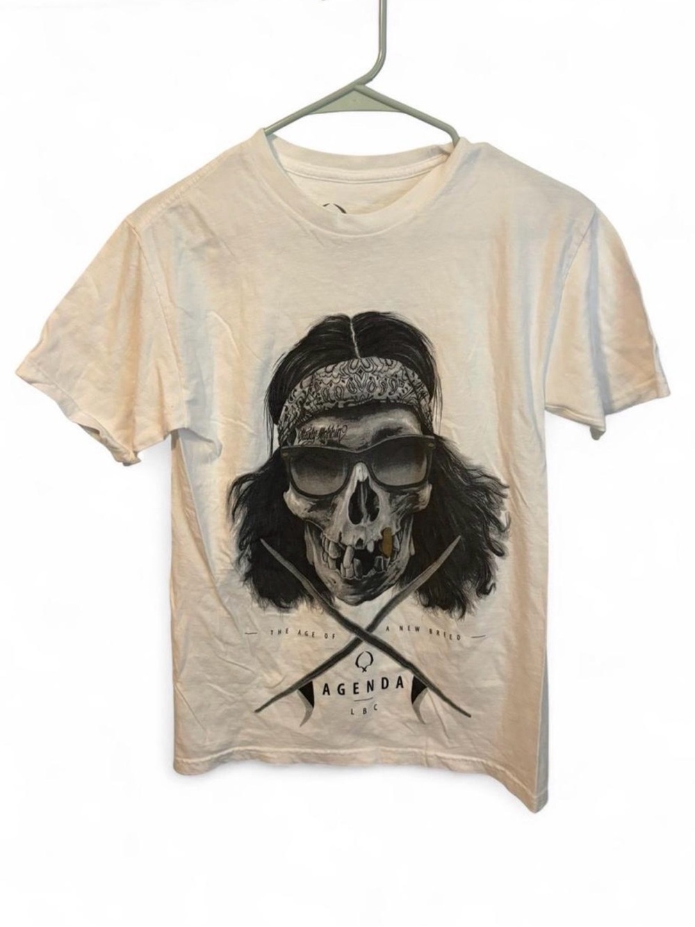 Agenda White Tee with Black Skull and Bandana Graphic
